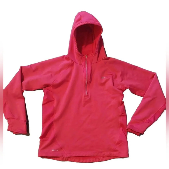 Nike Dri-Fit Women's Large Pink Quarter zip Hooded Sweatshirt Hoodie Pullover - Picture 2 of 5